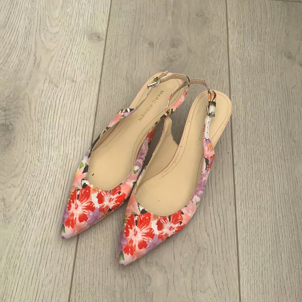 Marc Fisher floral kitten sling backs